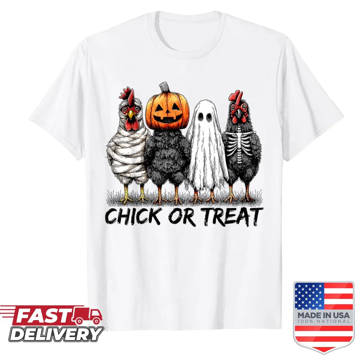Vintage distressed Halloween shirt with ghost chicken and pumpkin graphic