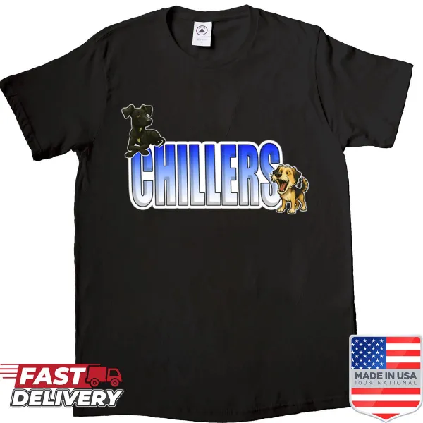Humorous cartoon of relaxed dogs on a playful T-shirt