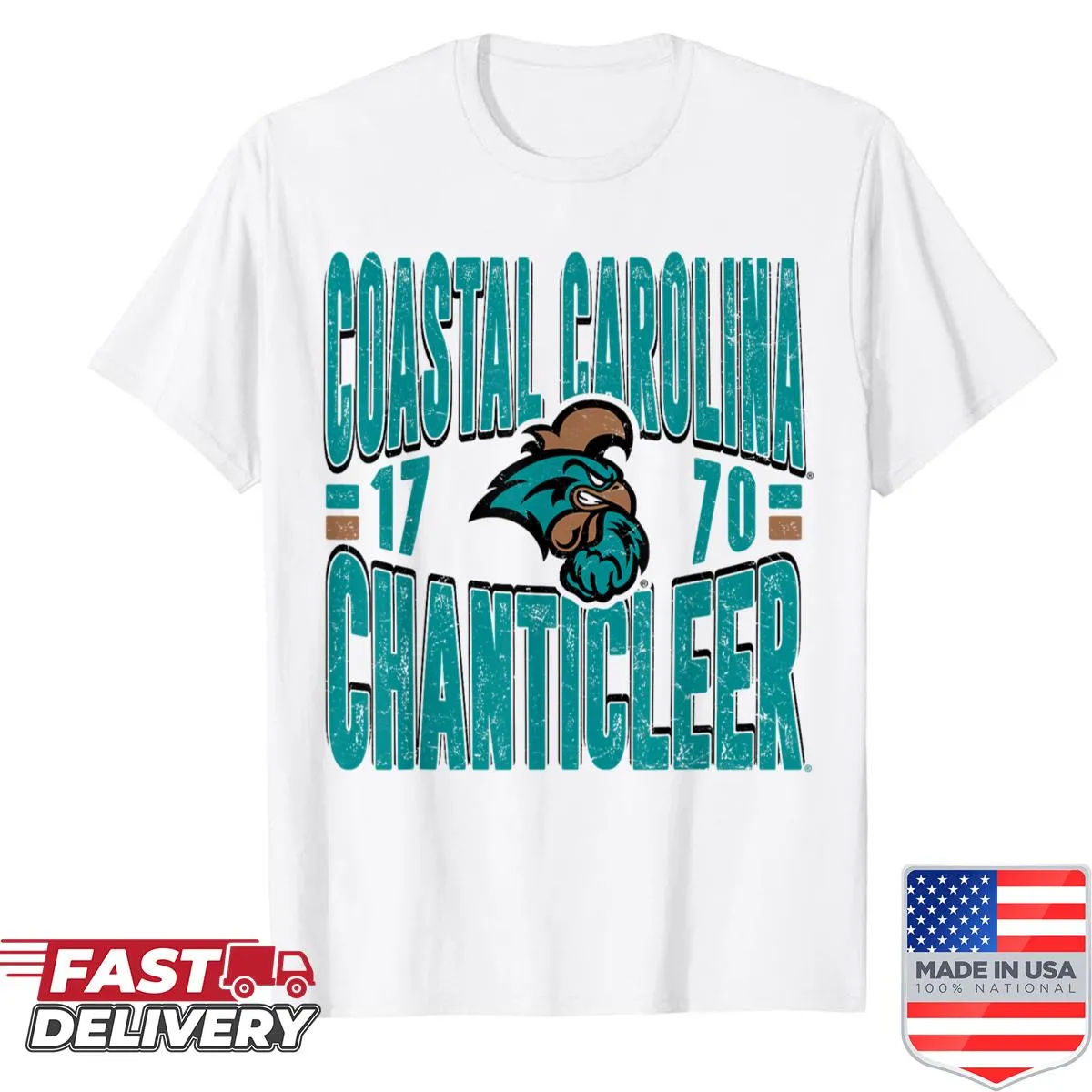 Vintage distressed Coastal Carolina Chanticleers graphic t-shirt.