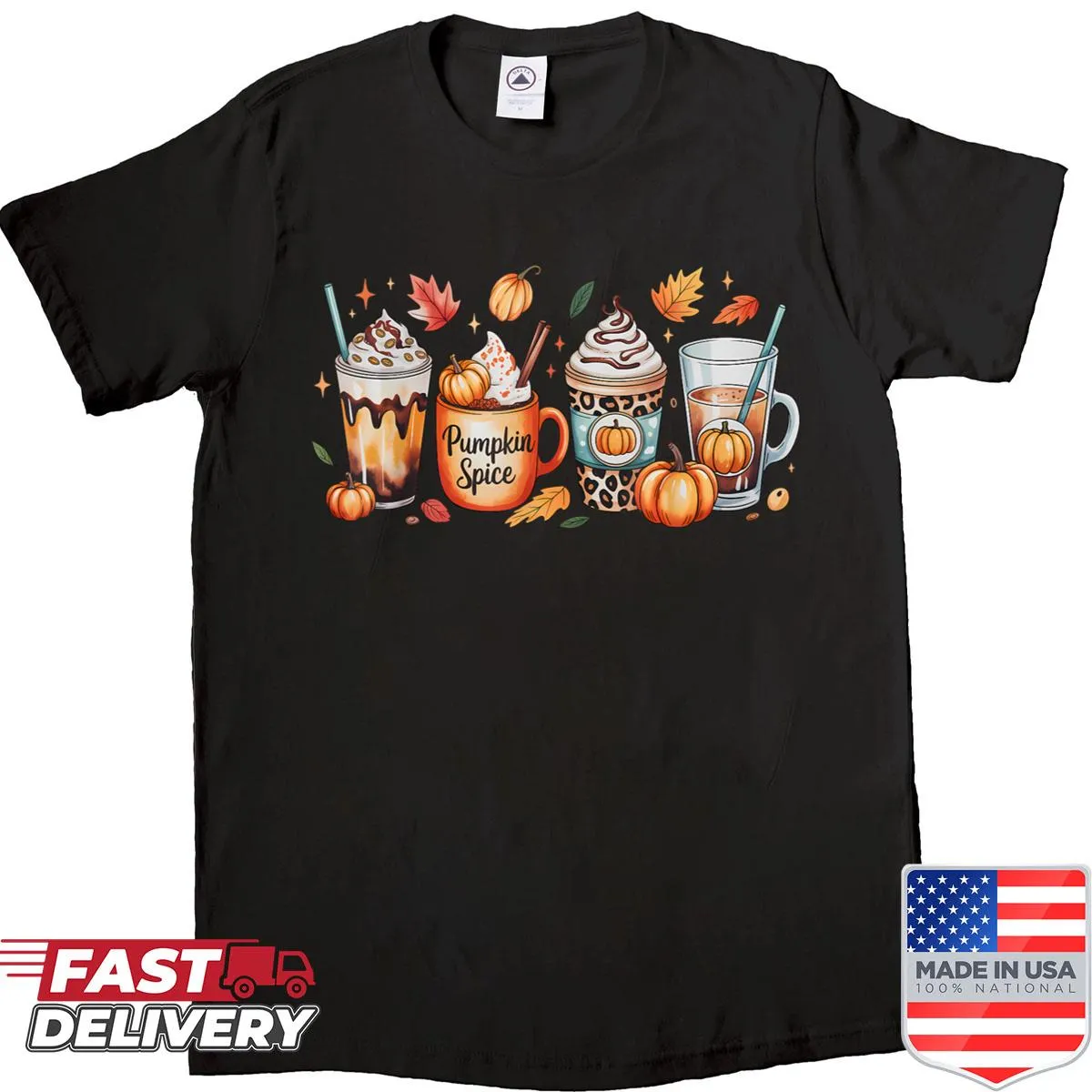 Illustrated T-shirt celebrating pumpkin spice coffee and fall season