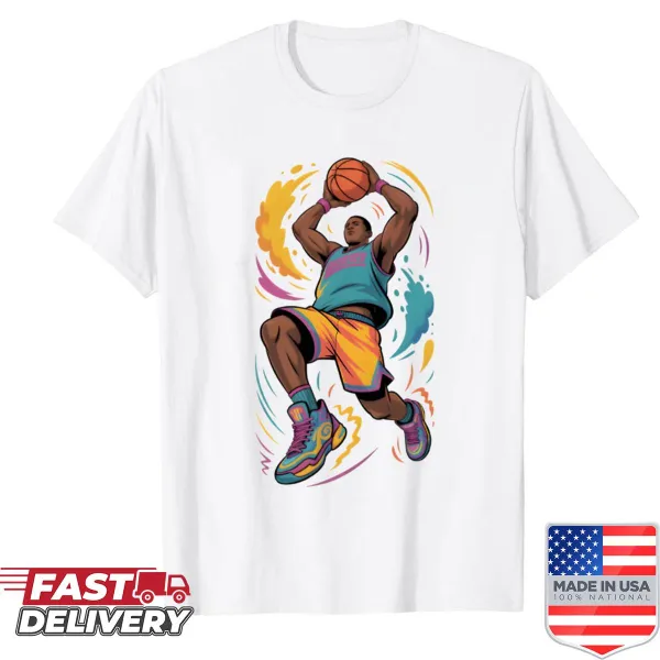 Illustration of a basketball player dunking on T-shirt, dynamic and energetic