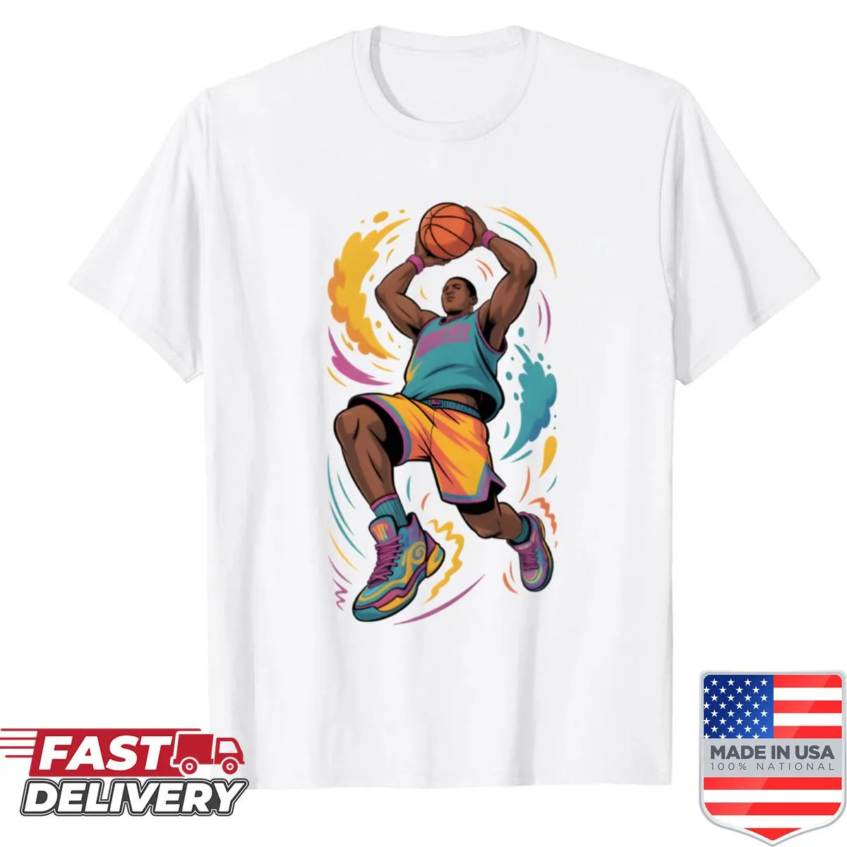 Illustration of a basketball player dunking on T-shirt, dynamic and energetic