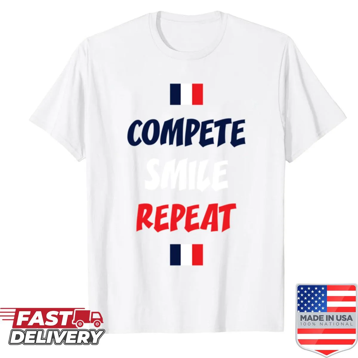 Sport-themed shirt with the slogan 'Compete Smile Repeat' in bold typography.
