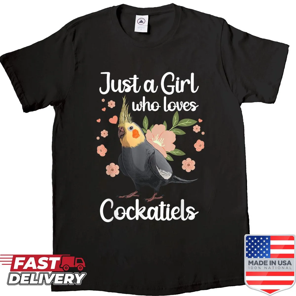 Shirt with charming cockatiel art, ideal for bird lovers.