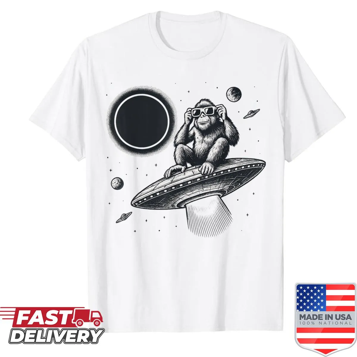 Retro graphic t-shirt featuring cosmic eclipse and UFO