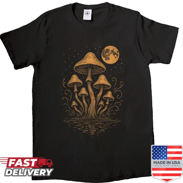 Whimsical mushroom and full moon design on a shirt
