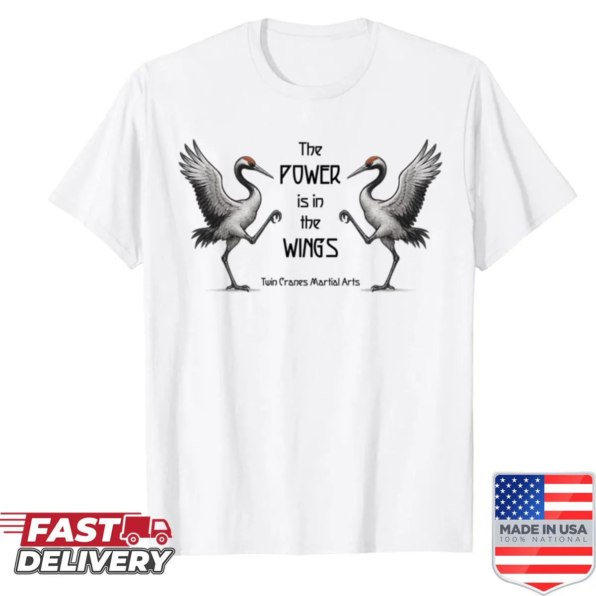 Illustrative crane graphic on a men's shirt