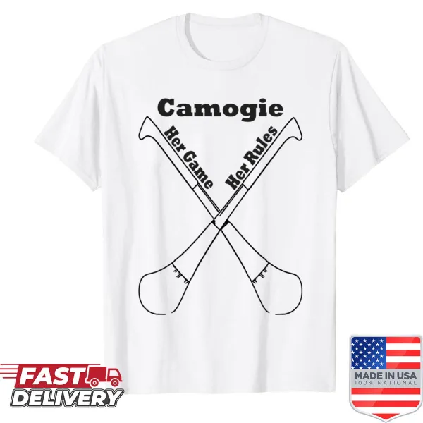 Shirt featuring crossed camogie sticks and 'Her Game Her Rules' motto