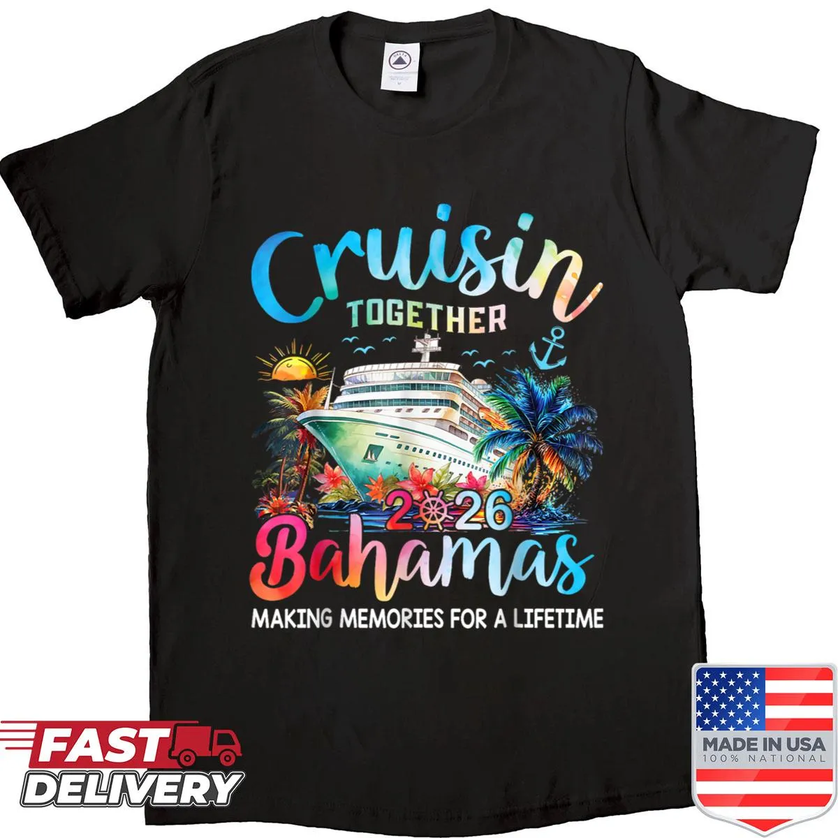 Illustrated graphic celebrating a Bahamas family cruise.