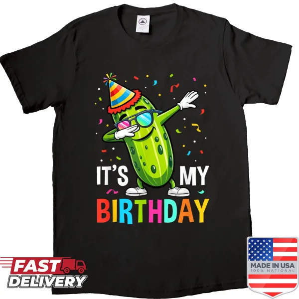 Cartoon shirt featuring a dabbing cucumber with birthday text