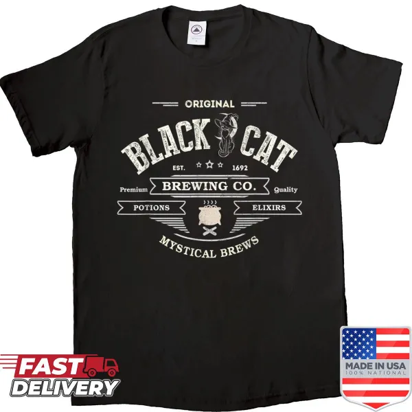 Cute black cat witch brewing potions illustration on shirt