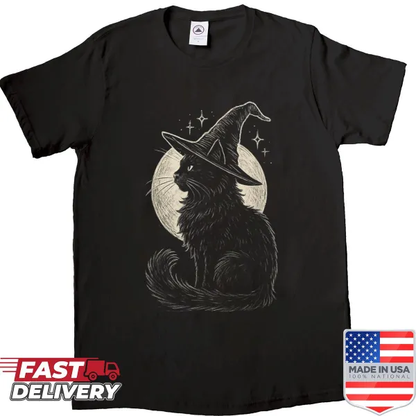 Whimsical Halloween shirt featuring a cute black cat and witch hat