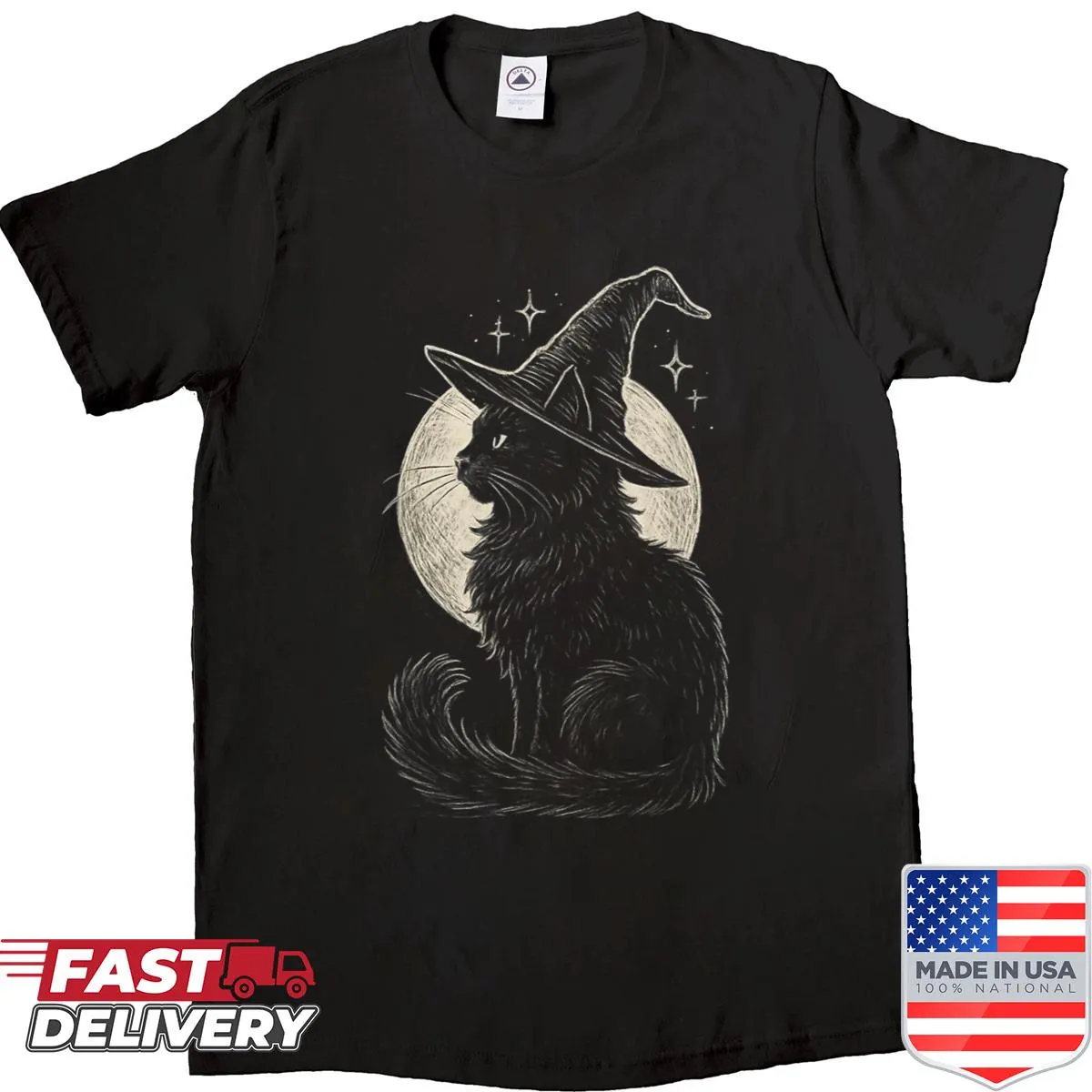 Whimsical Halloween shirt featuring a cute black cat and witch hat