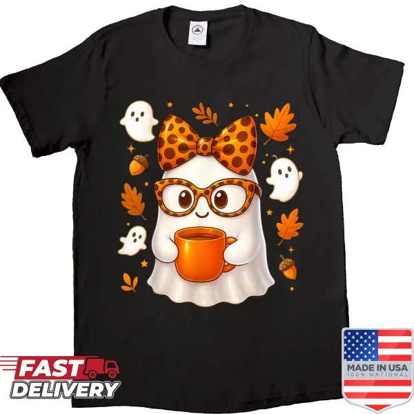 Cute ghost enjoying pumpkin spice coffee graphic on a women's shirt