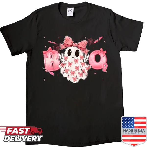 Cartoon ghost graphic on women's Halloween shirt