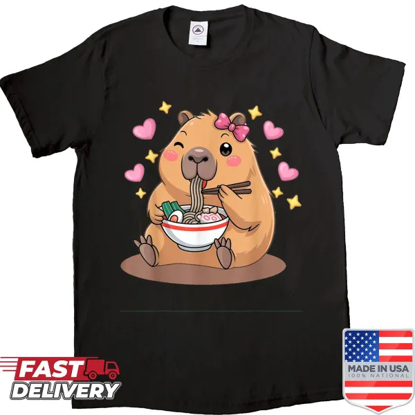 Kawaii capybara enjoying ramen graphic on a cute women's shirt