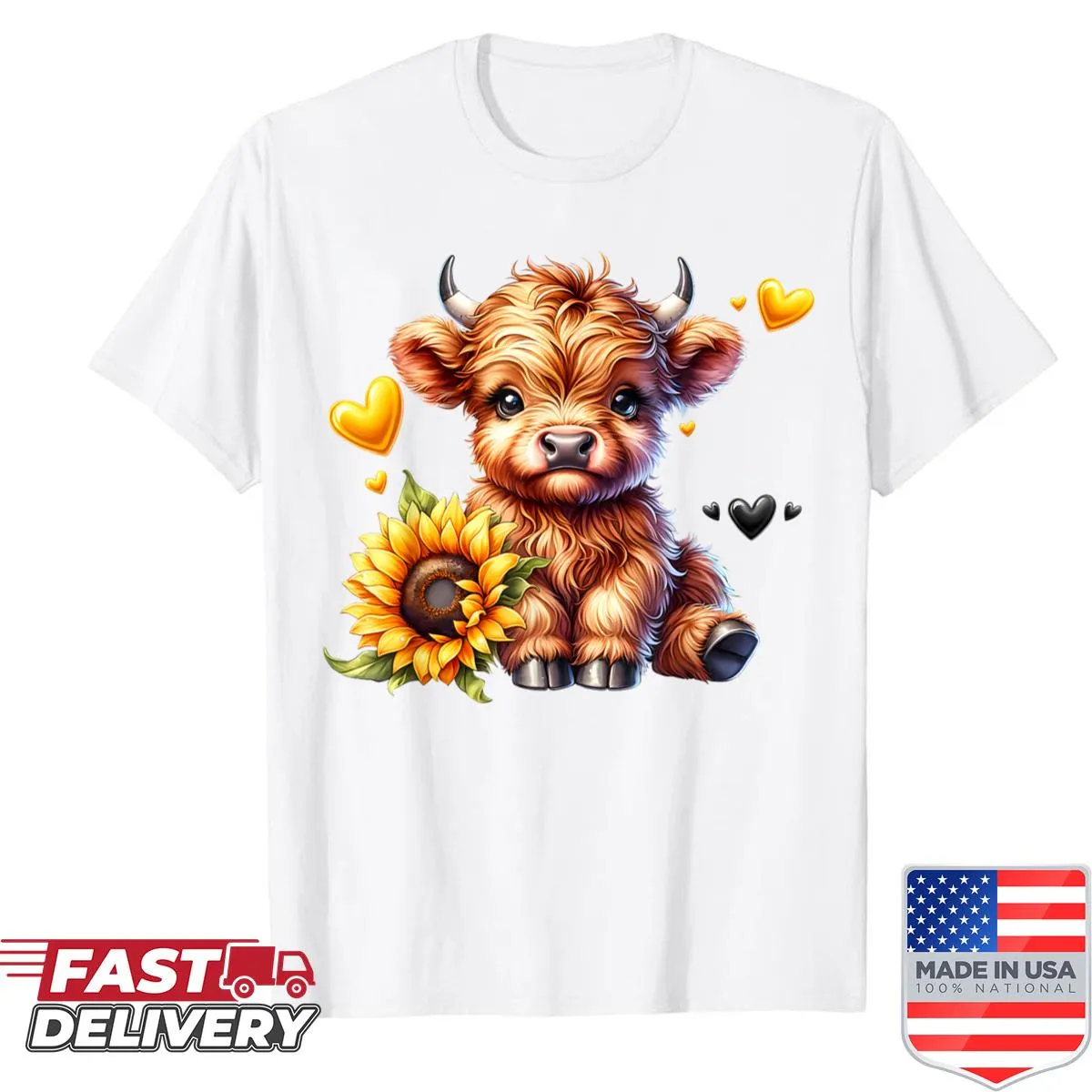 Cute T-shirt with a Highland cow and sunflower illustration