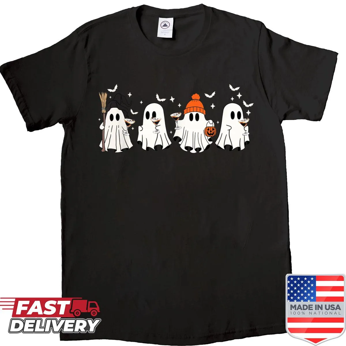 Cute ghost drinking a martini in a Halloween-themed shirt