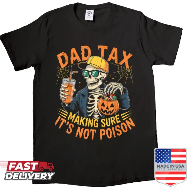 Funny Halloween shirt with a cartoon skull and 'Dad Tax' text