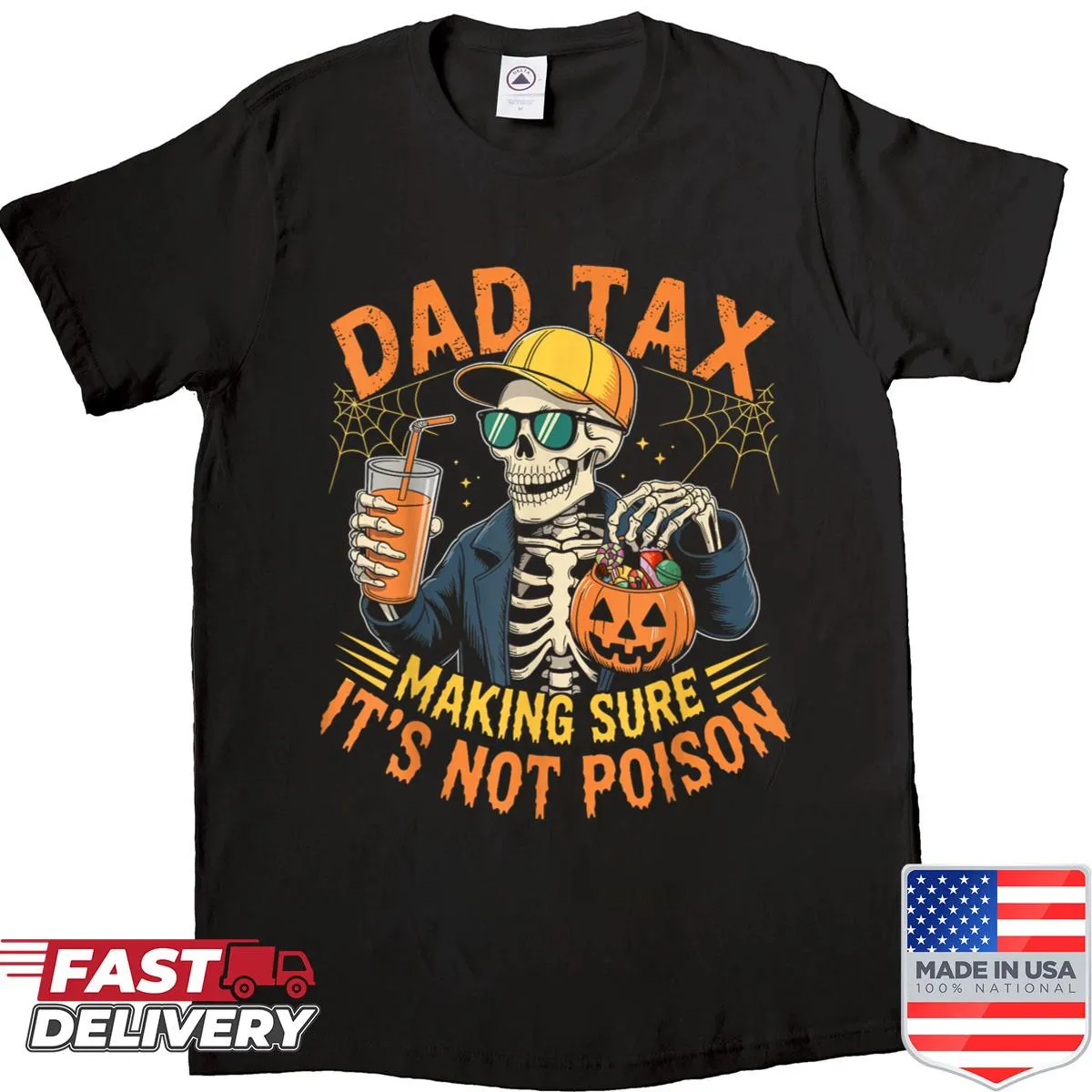 Funny Halloween shirt with a cartoon skull and 'Dad Tax' text