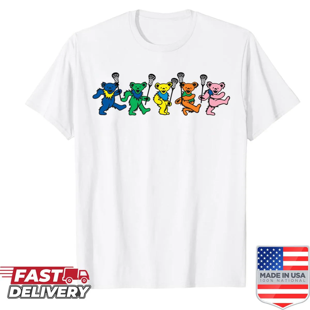 Playful T-shirt with dancing lacrosse bears graphic