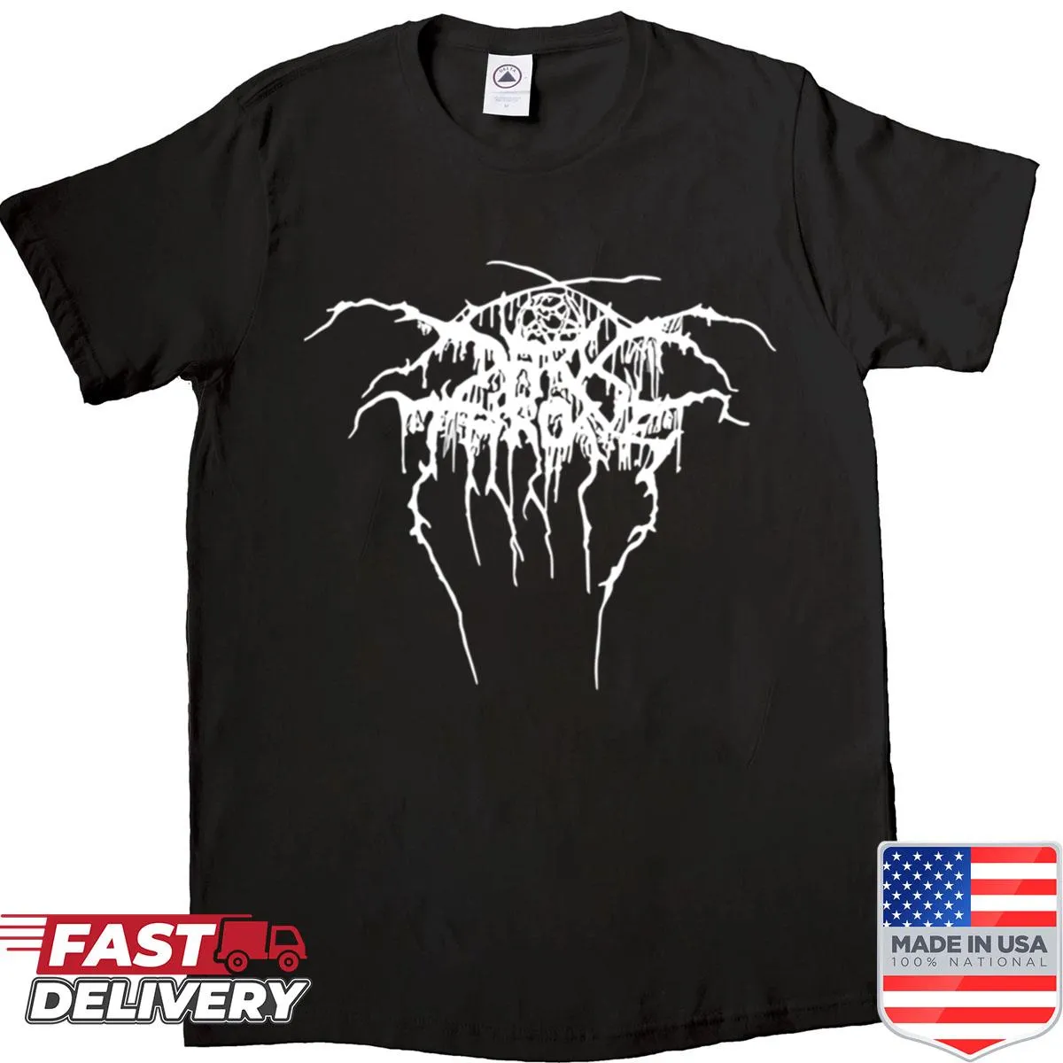 Bold Darkthrone logo graphic on black shirt.