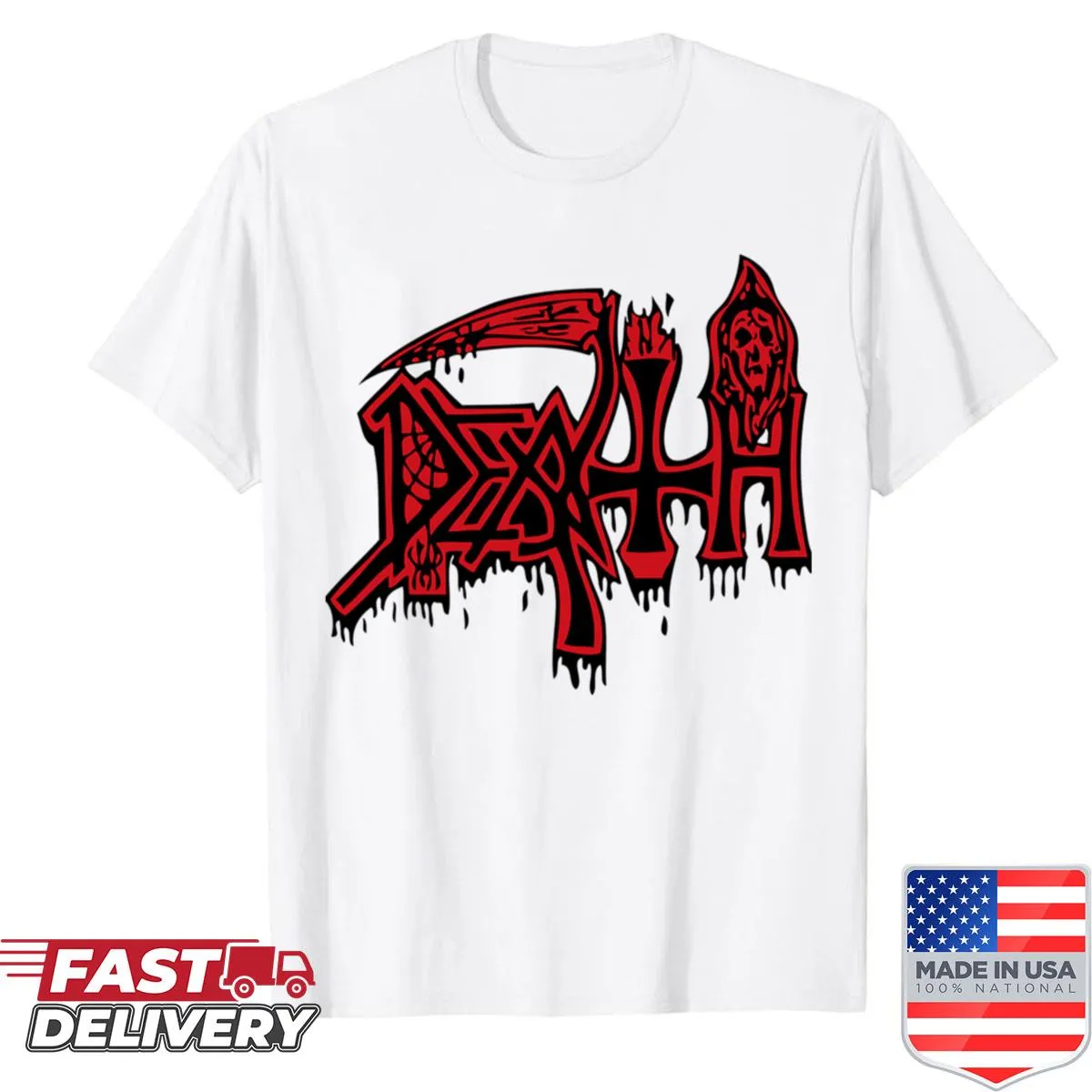 Bold graphic t-shirt featuring the Death logo