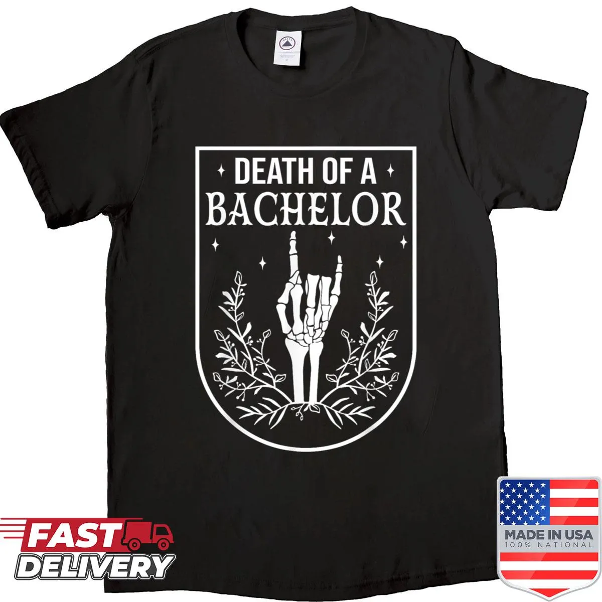 Gothic-themed shirt with 'Death Of A Bachelor Party' text