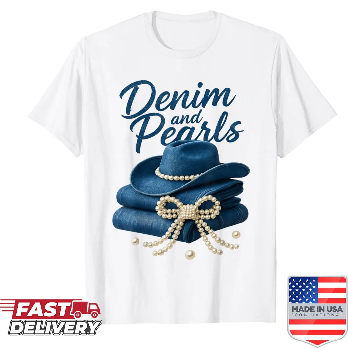 Illustrated denim and pearls shirt for women with a western cowgirl theme