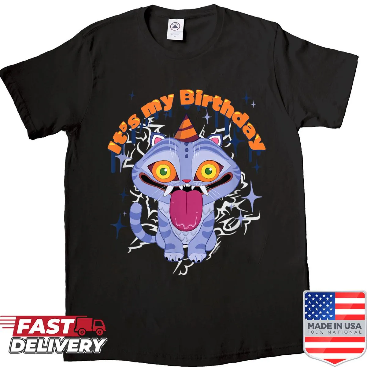 Funny derpy tiger illustration on a birthday-themed shirt