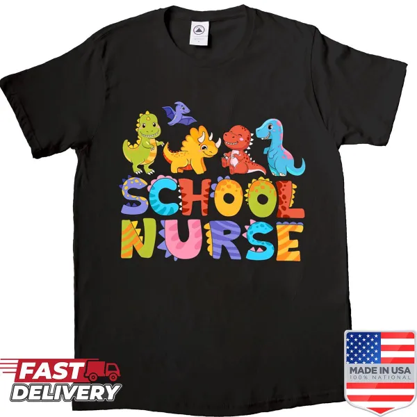 Shirt featuring a dinosaur illustration for school nurses