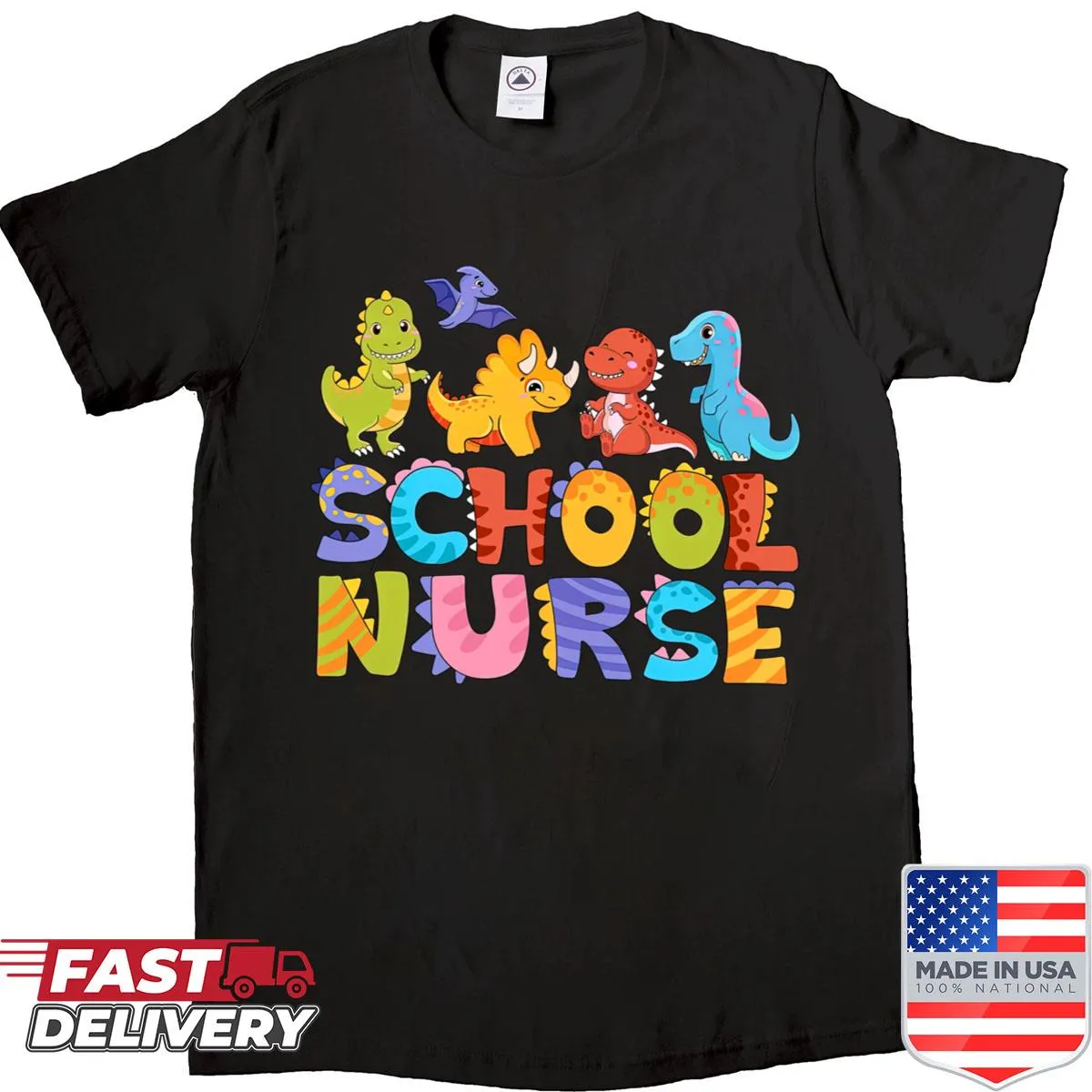 Shirt featuring a dinosaur illustration for school nurses