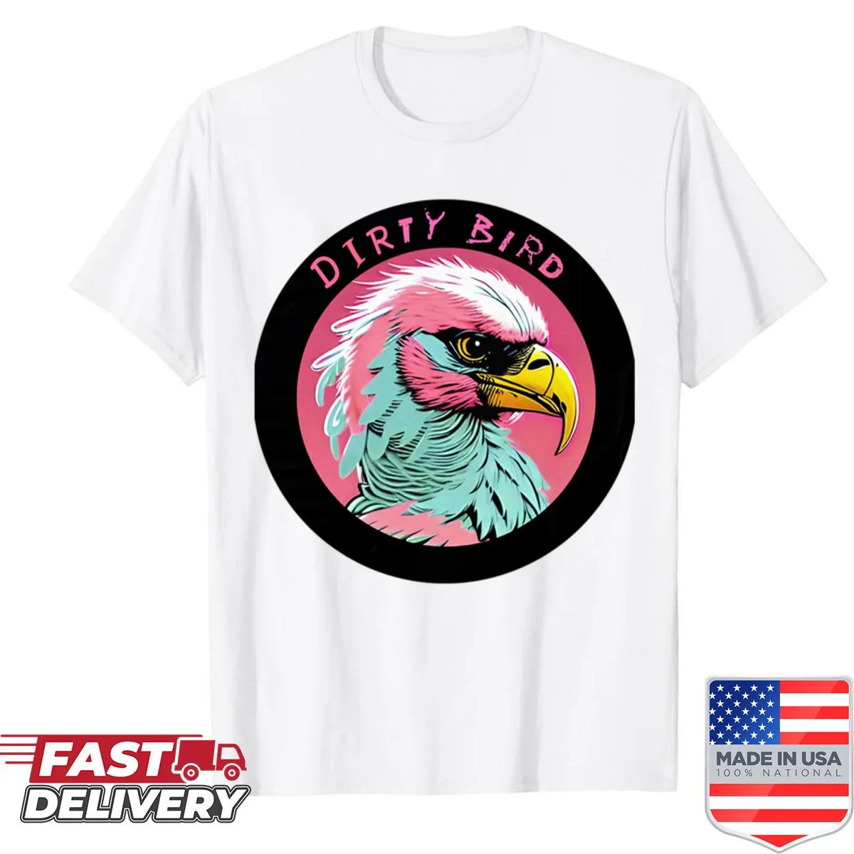 Funny typography design of 'Dirty Bird' on a t-shirt.