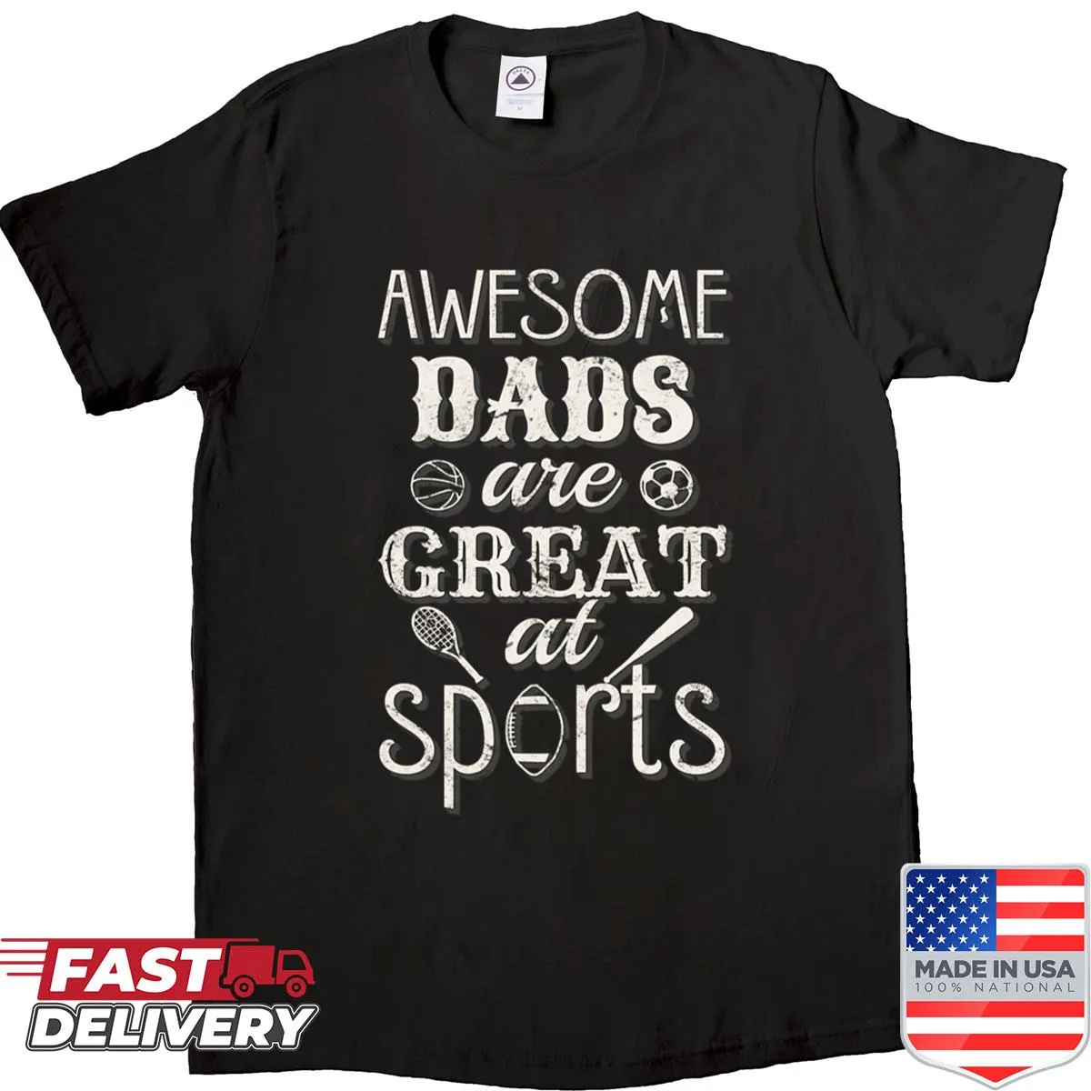 Vintage-style shirt celebrating cool dads and sports with a distressed design