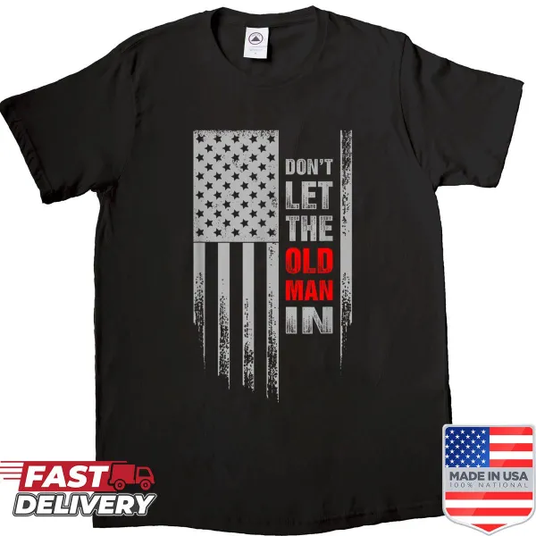 Vintage distressed American flag graphic with bold text on shirt