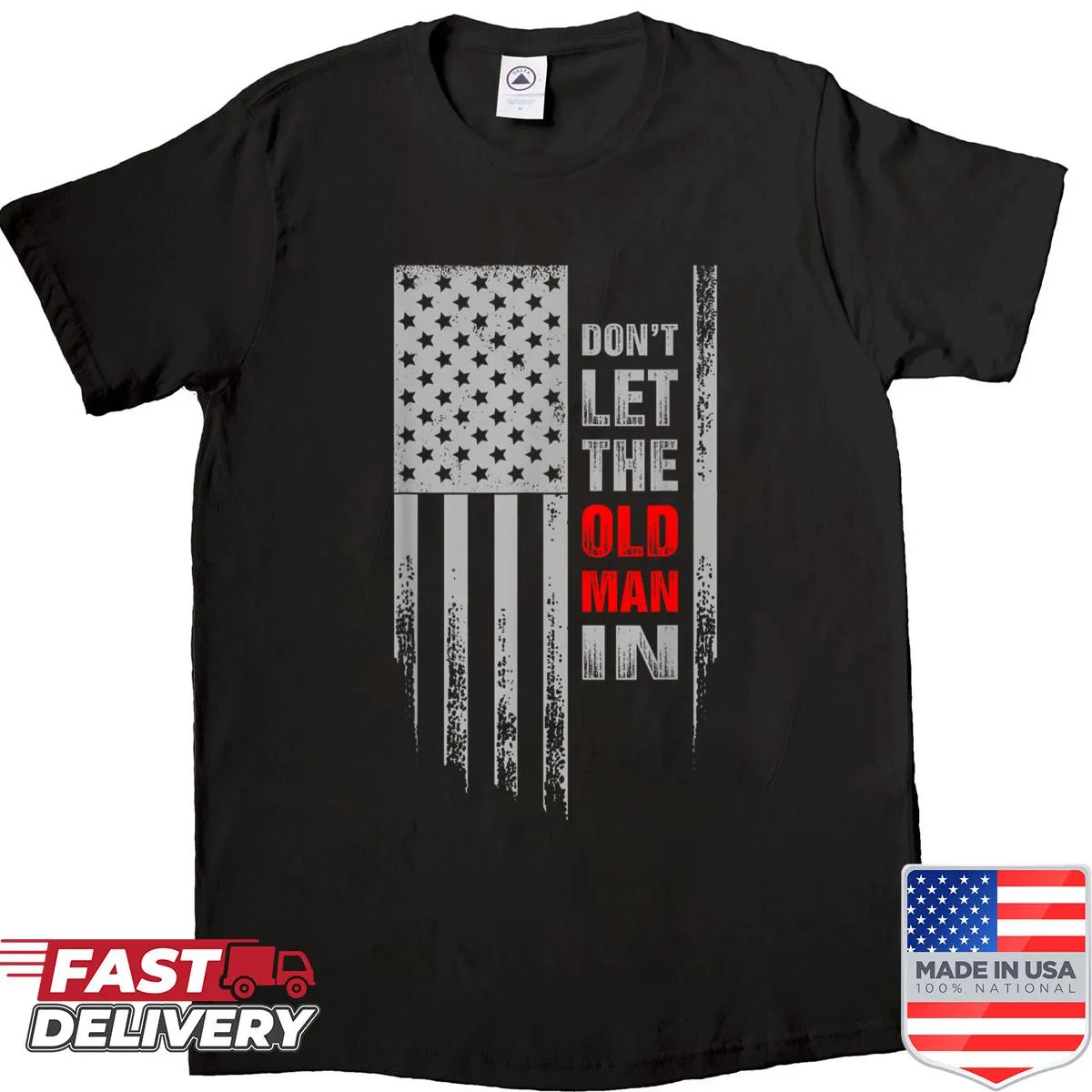 Vintage distressed American flag graphic with bold text on shirt