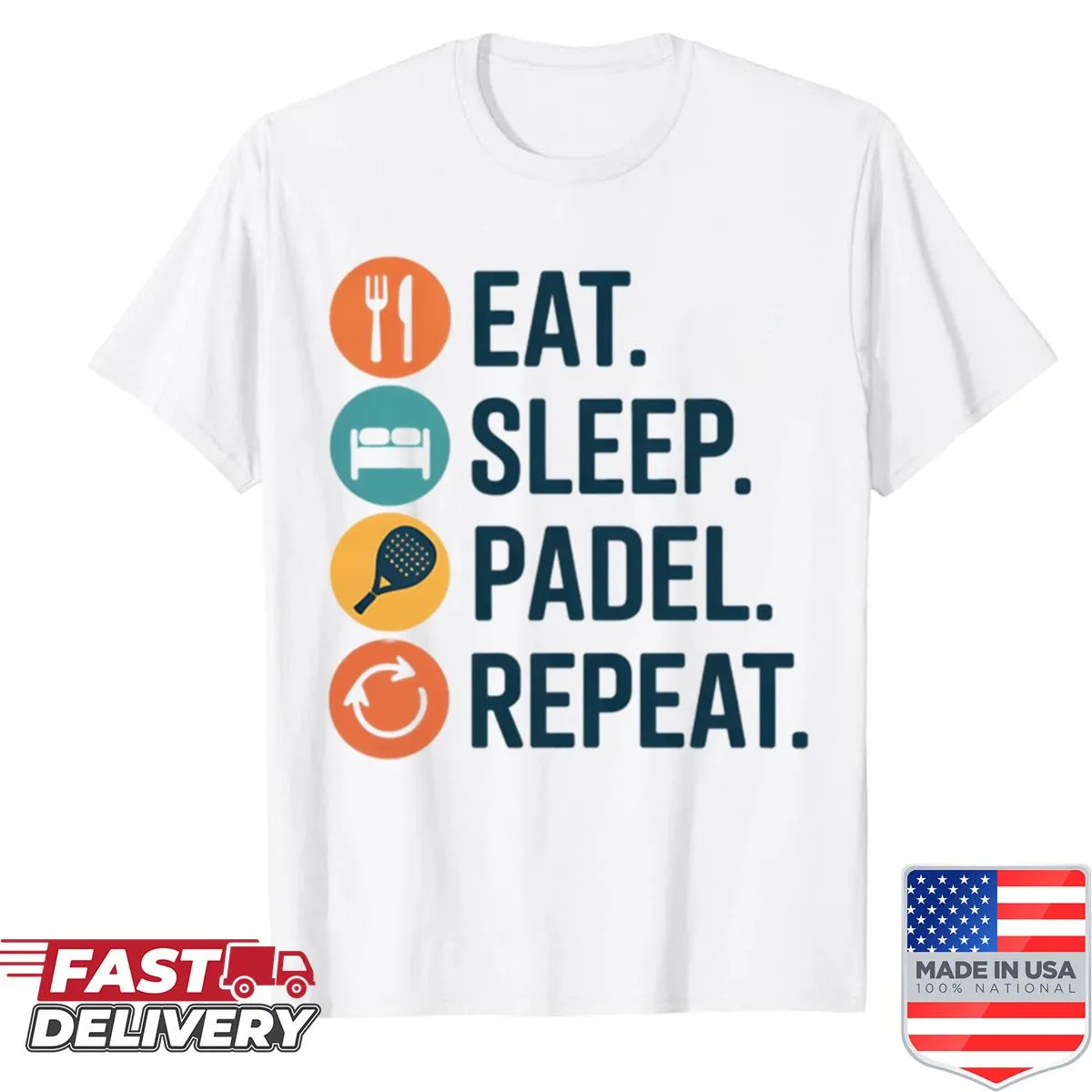 Minimalist icons representing eat, sleep, and padel on a playful shirt