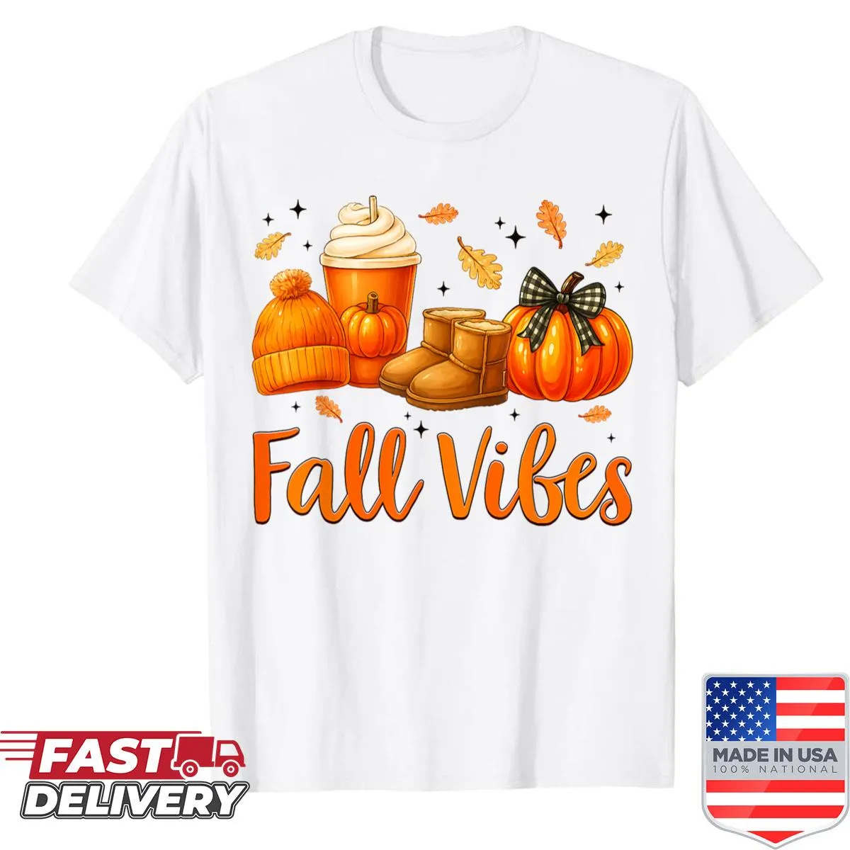 Illustrated T-shirt celebrating pumpkin spice latte and fall vibes