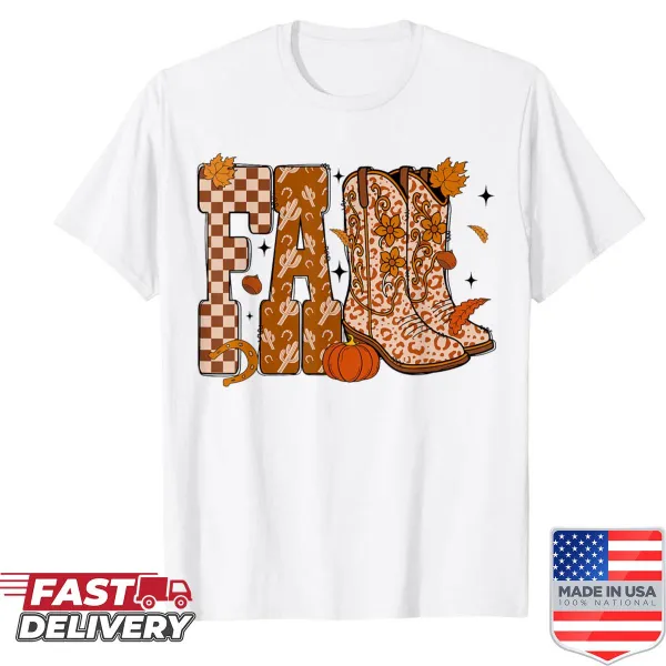 Vintage-style shirt featuring western boots for fall and Halloween