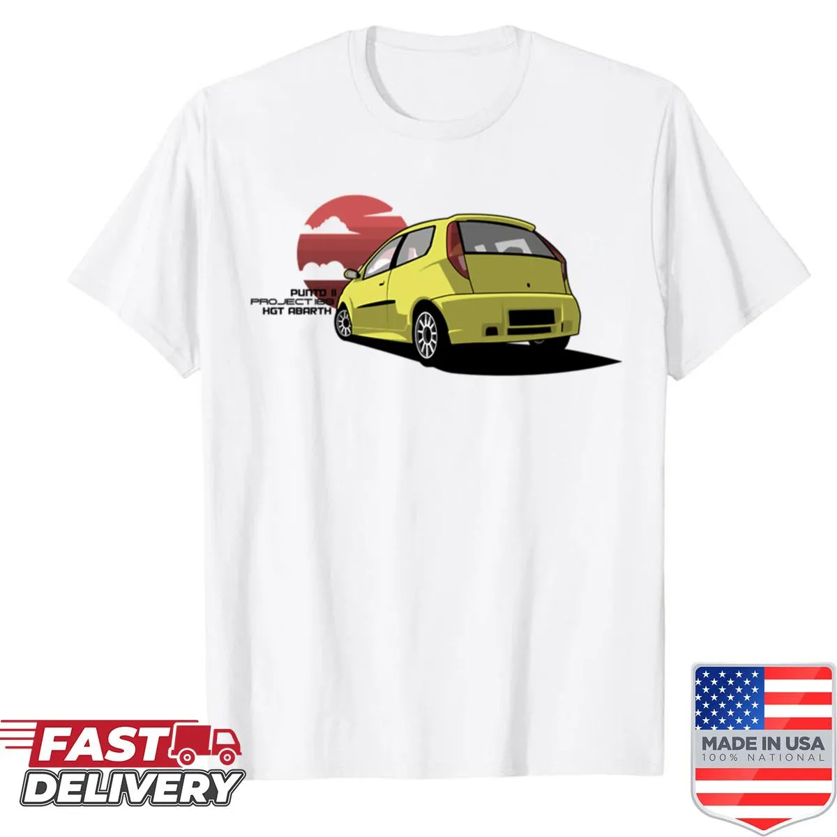 Minimalist T-shirt featuring a sleek silhouette of the Fiat Punto.