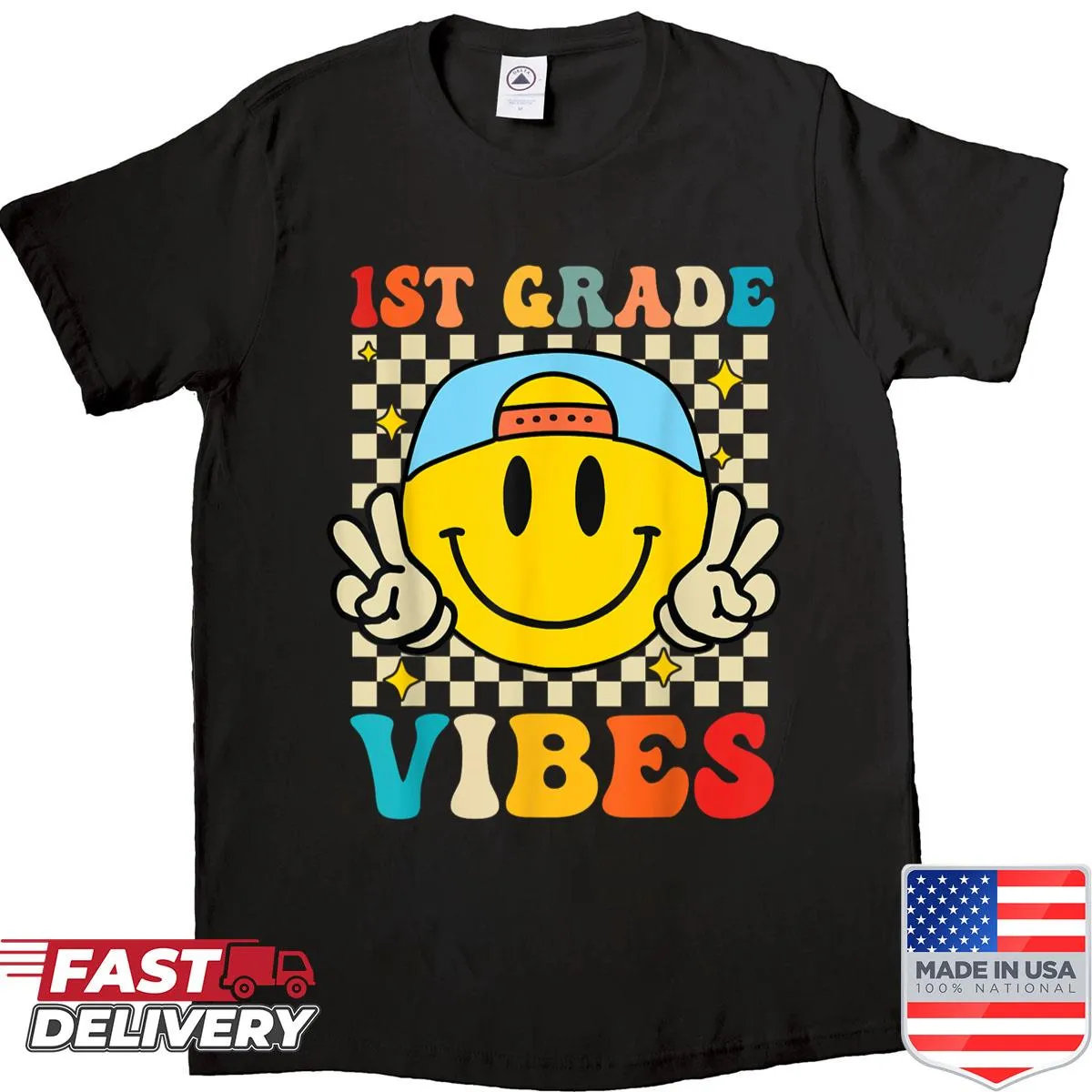 Smiley face design with 'First Grade Vibes' text for kids