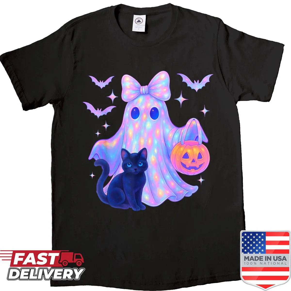 Whimsical Halloween shirt with ghost and black cat design