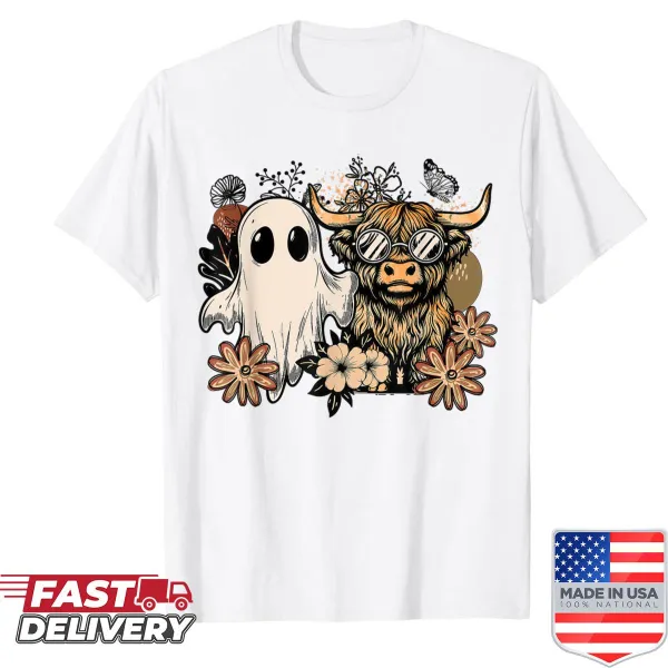 Floral Highland cow with ghost and pumpkin design on a shirt