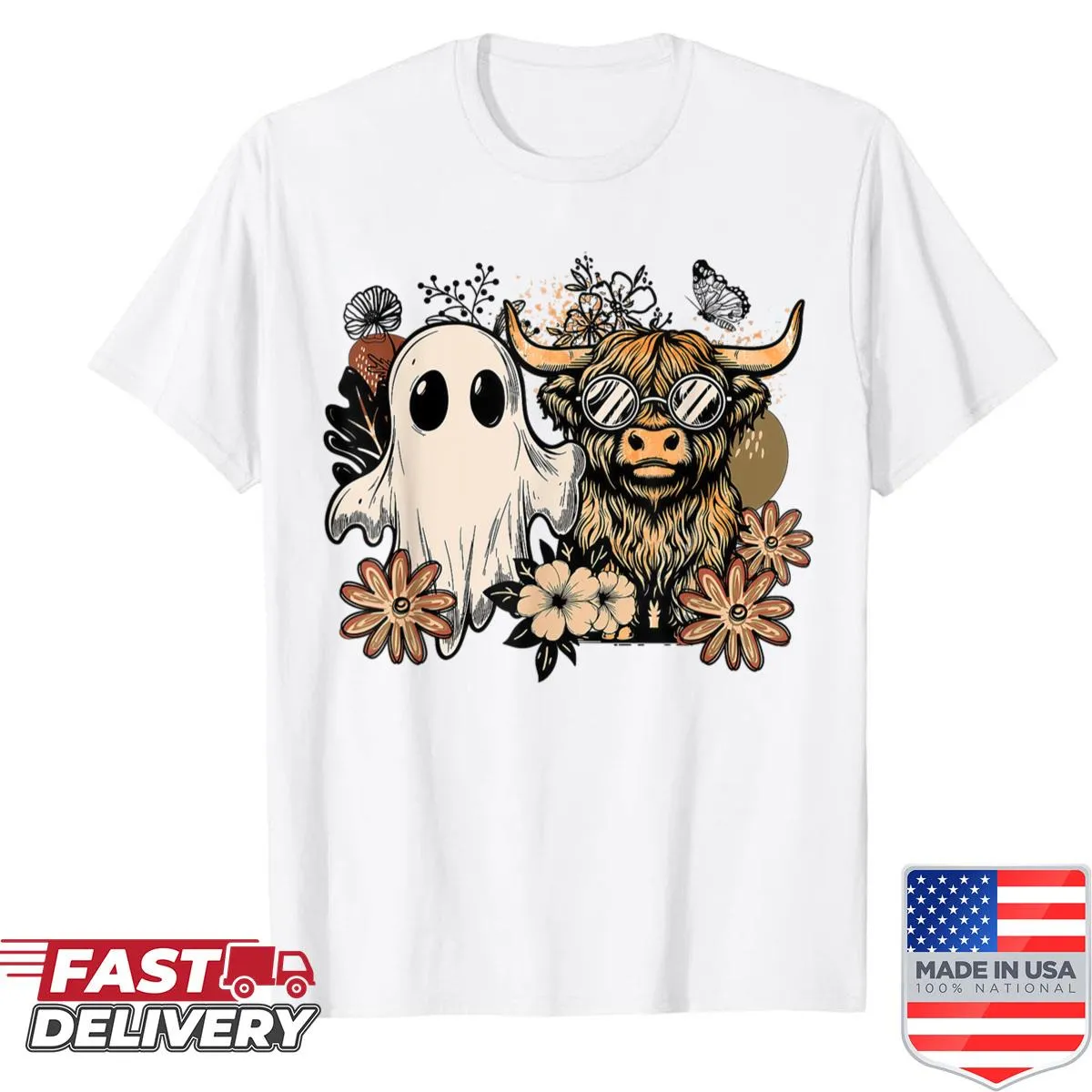 Floral Highland cow with ghost and pumpkin design on a shirt
