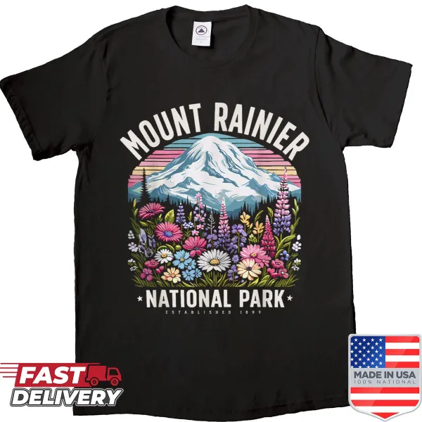 Shirt featuring floral designs inspired by Mount Rainier in Washington.