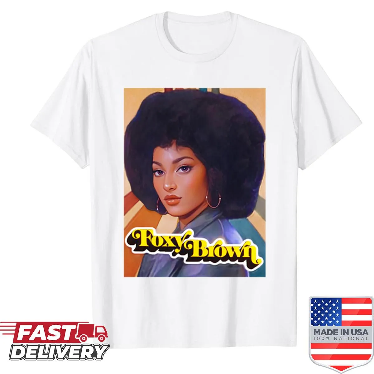 Illustration of Pam Grier as Foxy Brown on a t-shirt