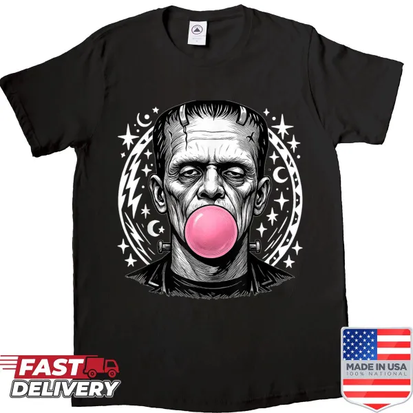 Funny cartoon Frankenstein monster with bubble gum on a Halloween shirt