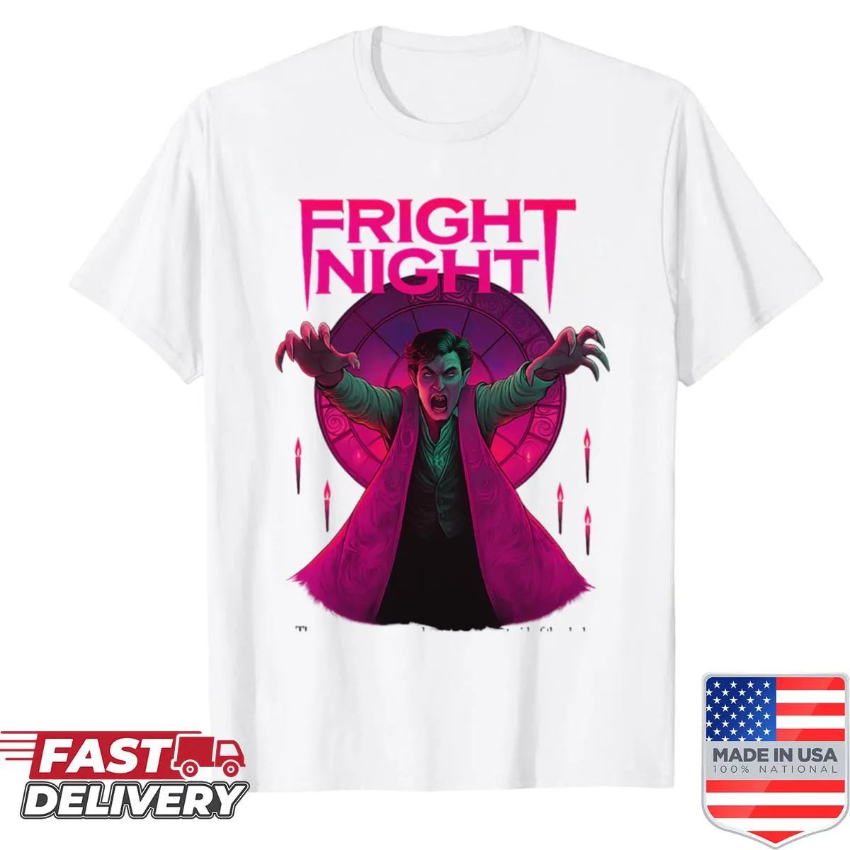 Bold 'Fright Night' graphic on a Halloween-themed t-shirt