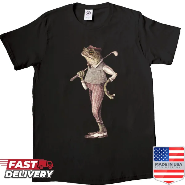 Whimsical shirt featuring a cartoon frog swinging