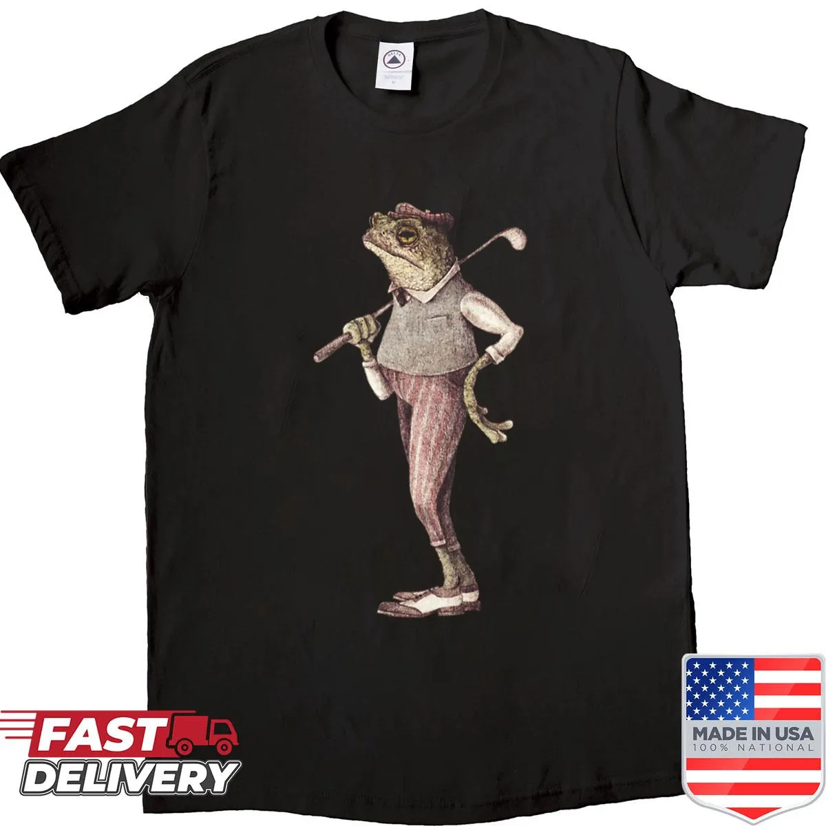 Whimsical shirt featuring a cartoon frog swinging